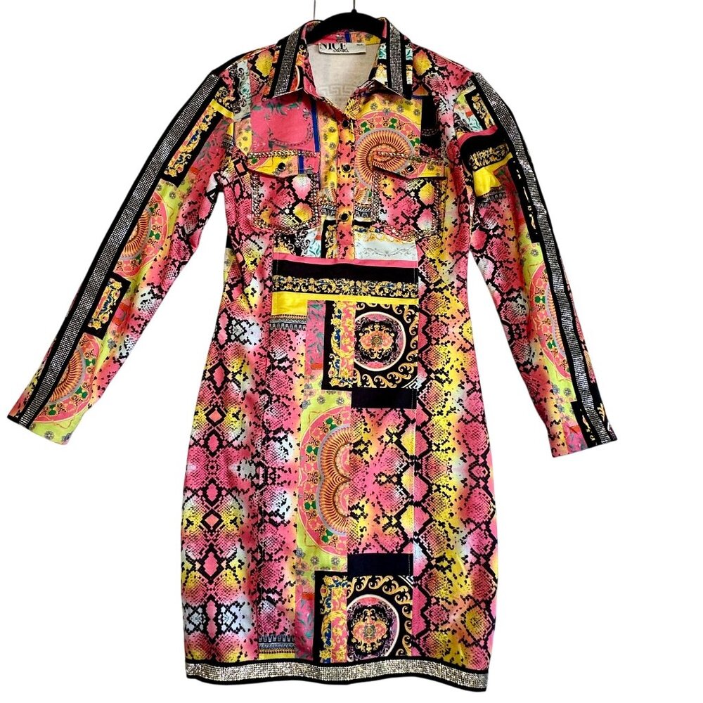 Nice Istanbul Baroque Print Embellished Long Sleeve Mini Bodycon Dress Sz 36 / S